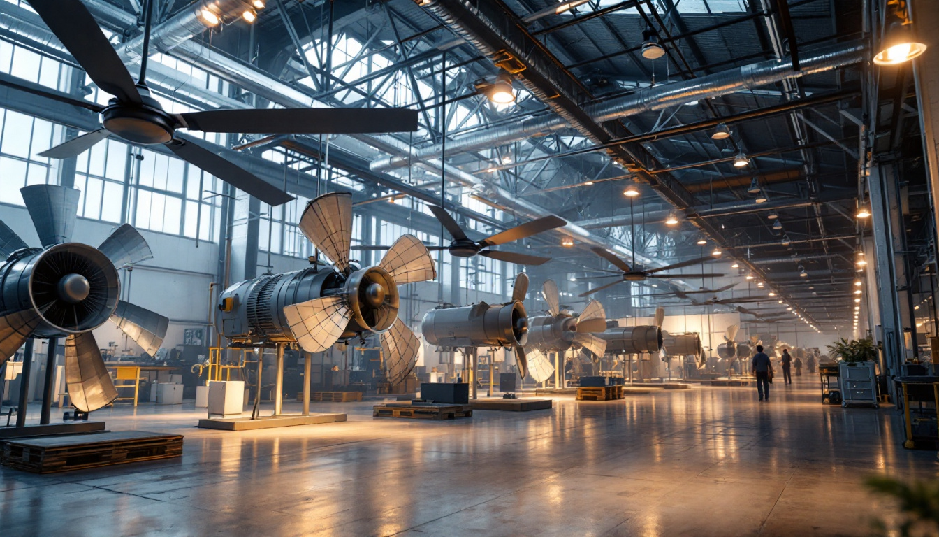 A photograph of a spacious industrial setting featuring large ceiling fans in action