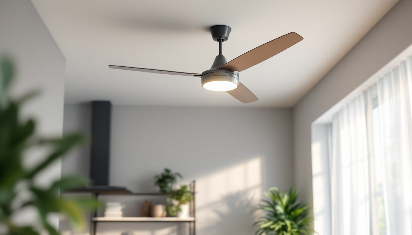 A photograph of a stylish acrylic ceiling fan in a well-lit room
