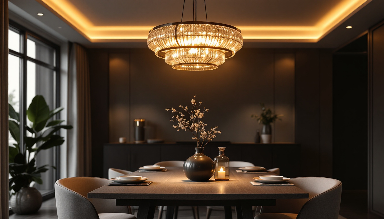 A photograph of capture a photograph of an elegantly styled dining room featuring a stunning pendant light as the focal point
