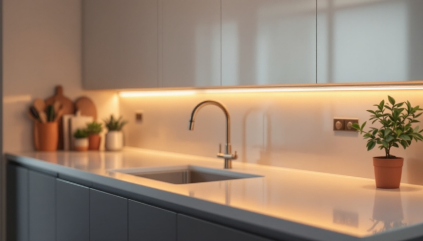 A photograph of a beautifully illuminated kitchen featuring stylish under cabinet lights
