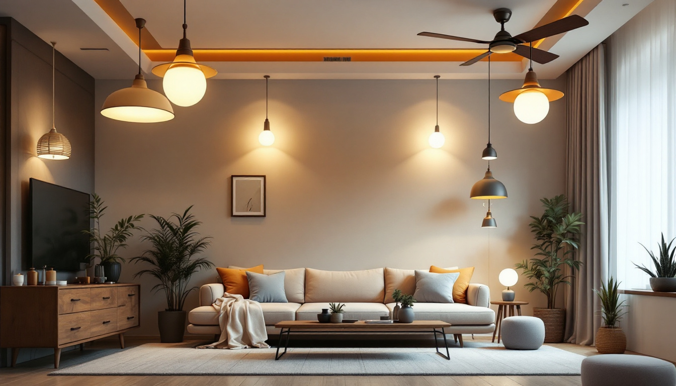 A photograph of a beautifully arranged interior space showcasing a variety of stylish light fixtures and ceiling fans