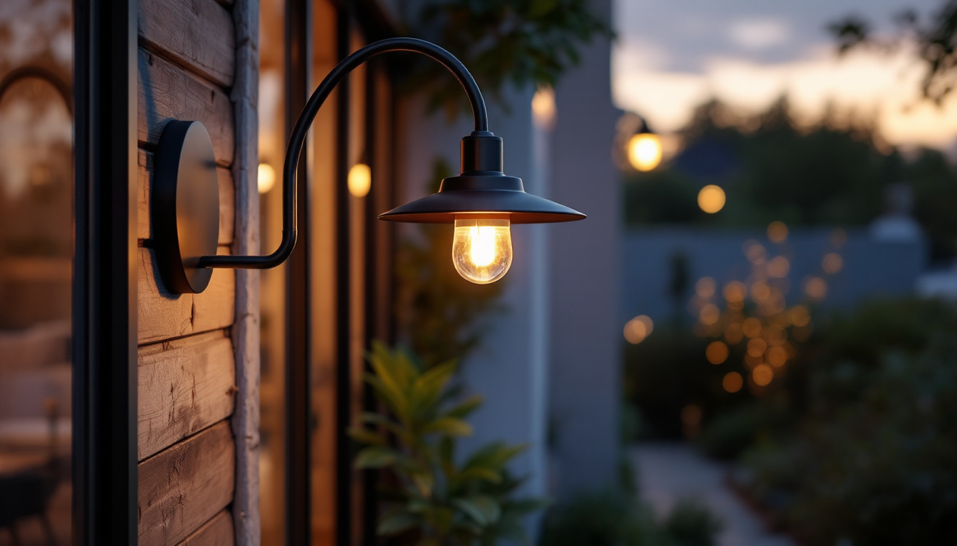 A photograph of a stylish exterior gooseneck lamp illuminating a charming outdoor space