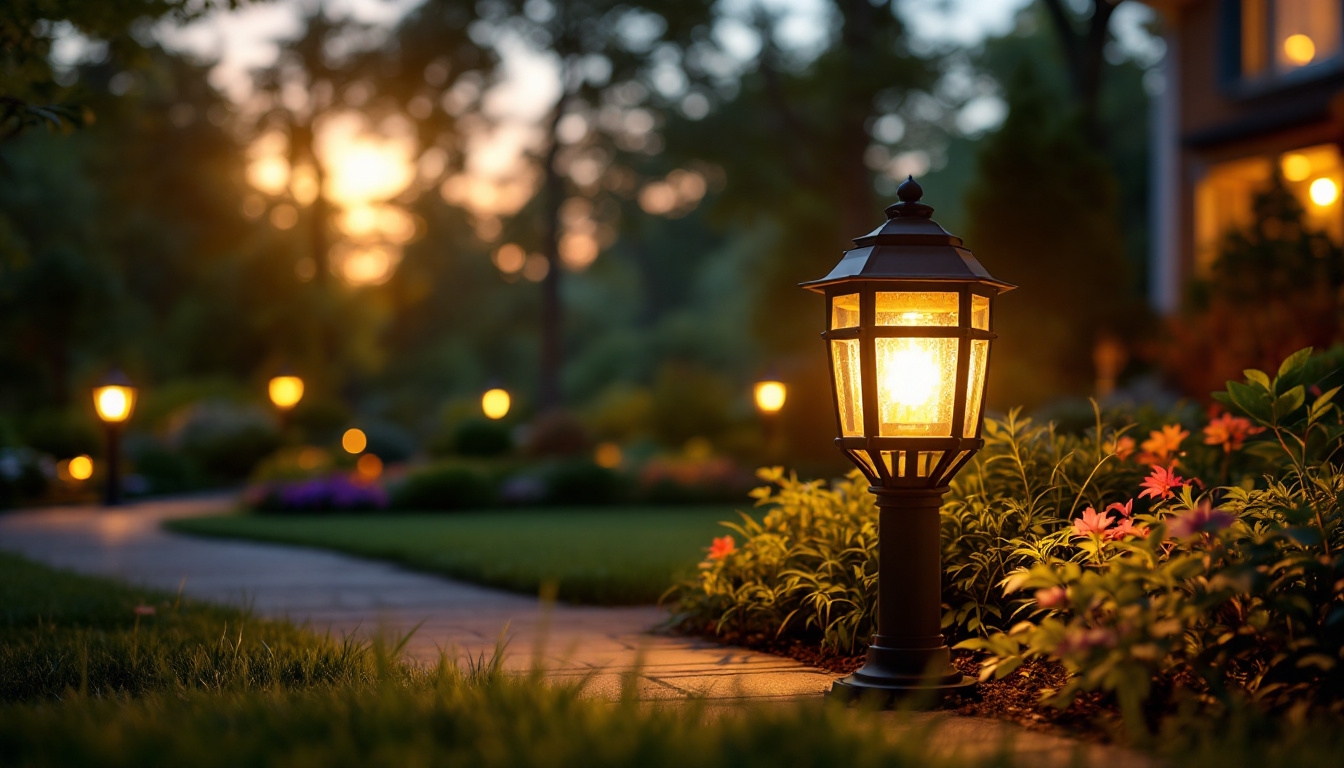A photograph of a beautifully illuminated yard featuring a striking yard light that enhances the outdoor ambiance