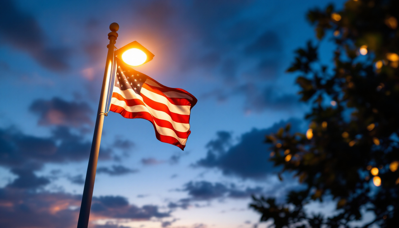 A photograph of a beautifully illuminated flagpole at dusk