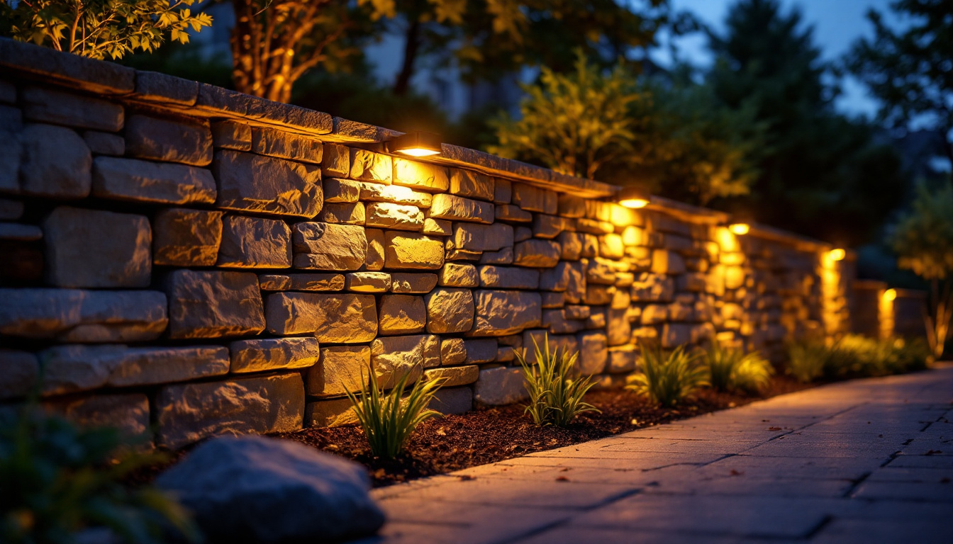 A photograph of a beautifully lit solar retaining wall at dusk