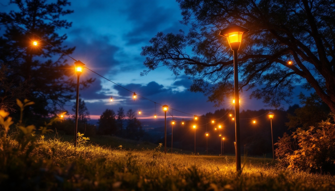 A photograph of a beautifully illuminated outdoor space at dusk