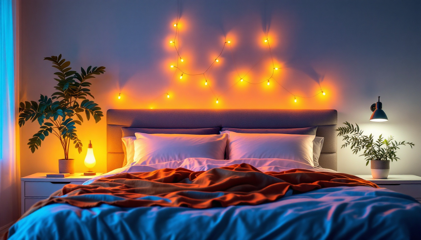 A photograph of a cozy bedroom scene featuring a beautifully arranged bed with soft