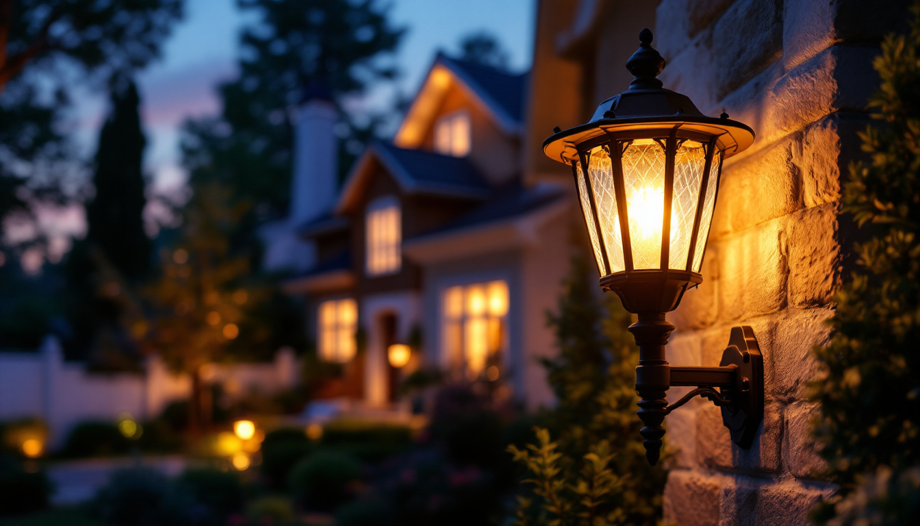 A photograph of a beautifully illuminated exterior house lamp at twilight