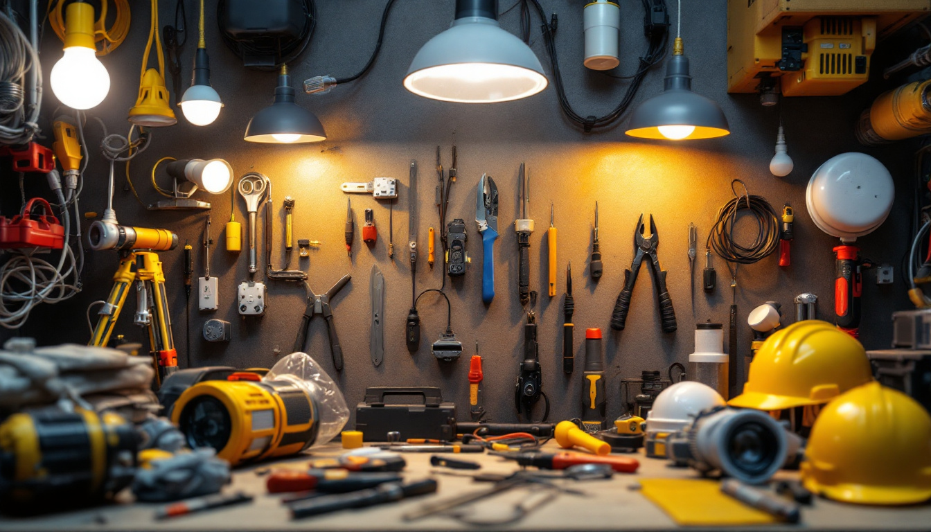 A photograph of a well-organized workspace featuring a variety of electrical tools and equipment