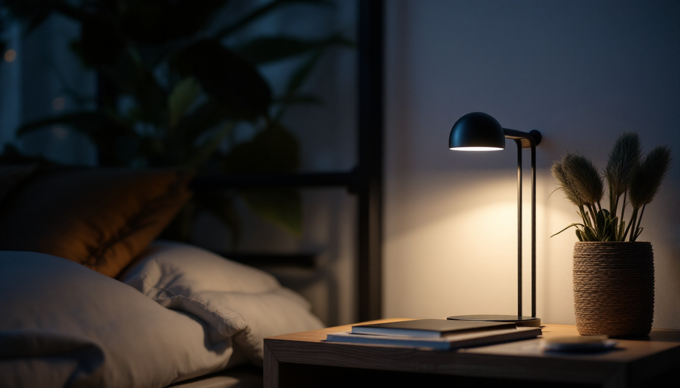A photograph of a stylish motion sensor lamp in a cozy indoor setting