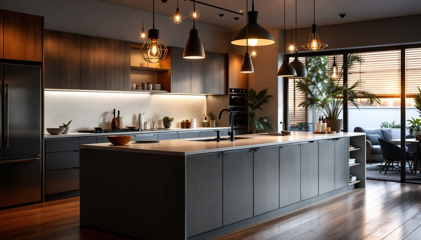 A photograph of a beautifully designed island kitchen featuring a variety of stylish lighting fixtures that highlight the space