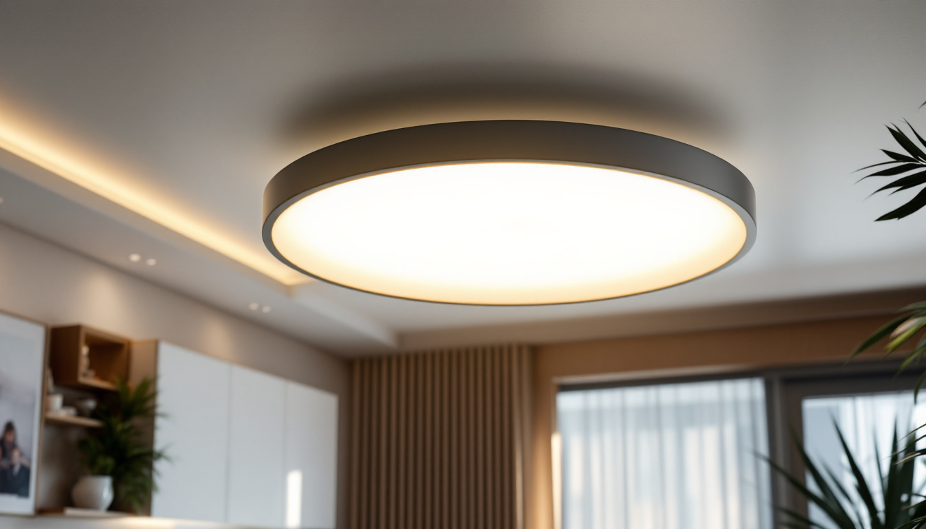 A photograph of a stylish round led ceiling lamp installed in a modern living space
