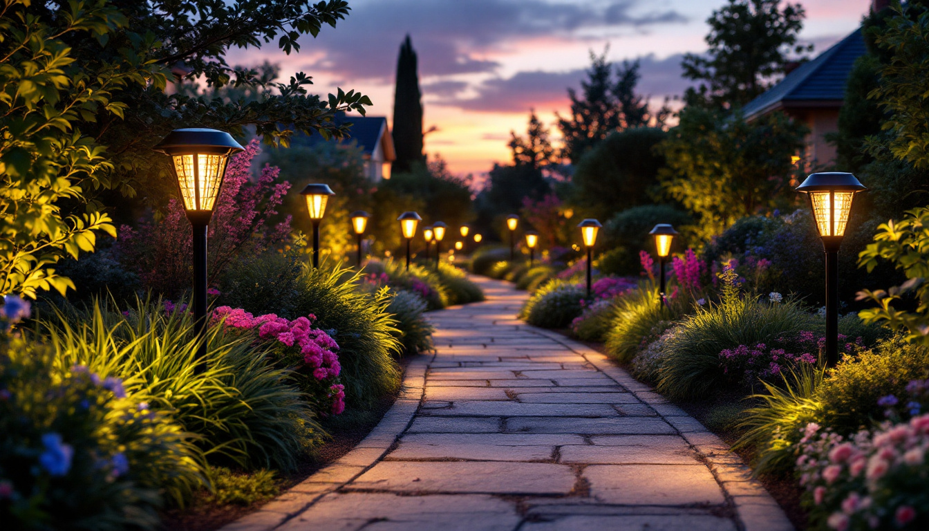 A photograph of a beautifully landscaped pathway illuminated by a variety of stylish solar lights at dusk