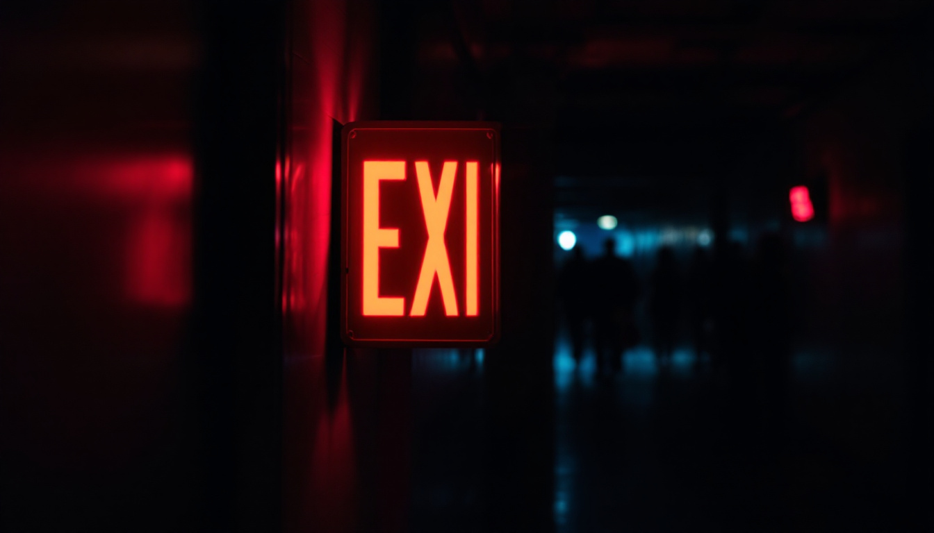 A photograph of capture a photograph of a well-lit emergency exit sign in a dimly lit corridor