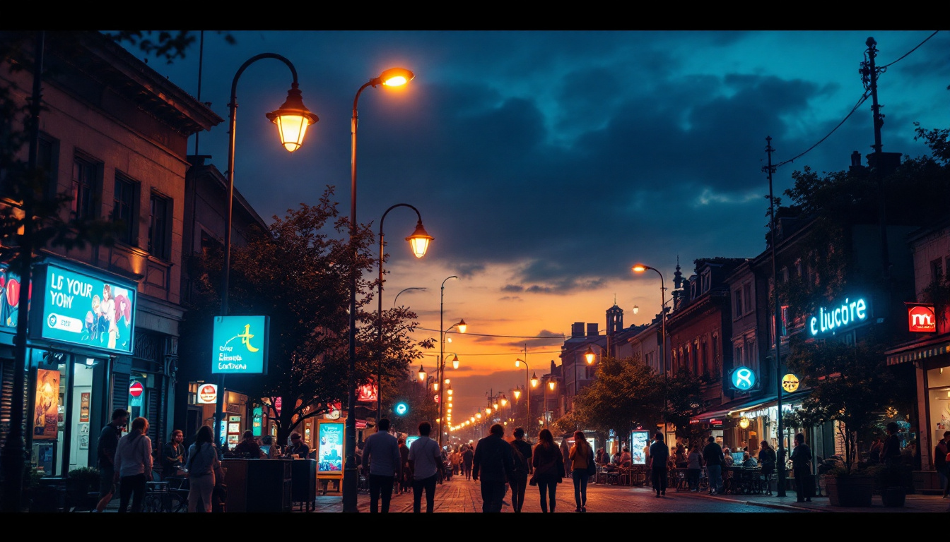 A photograph of a vibrant street scene at dusk