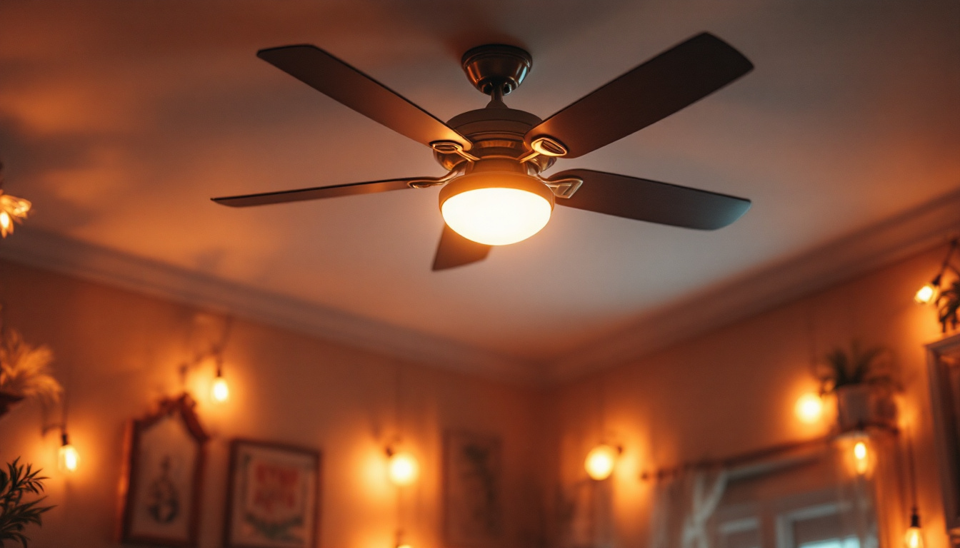 A photograph of a beautifully arranged scene featuring a stylish ceiling fan illuminated by warm