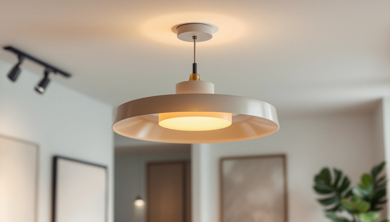 A photograph of a stylish suspended ceiling lamp in a modern interior setting