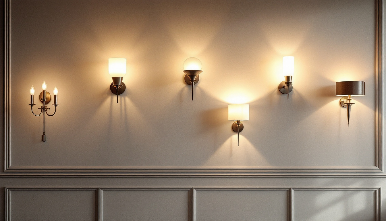 A photograph of a beautifully styled interior wall featuring a variety of elegant sconces in different designs and lighting settings