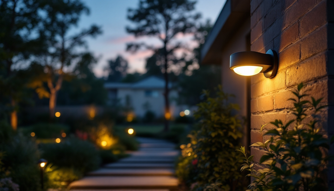 A photograph of capture a photograph of a modern outdoor lighting setup featuring motion detectors in action
