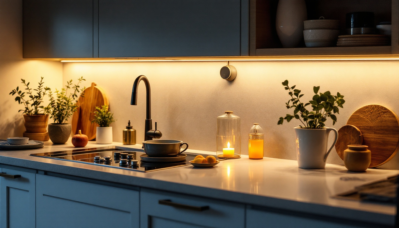 A photograph of a beautifully illuminated kitchen countertop featuring stylish under-cabinet lighting that enhances the workspace