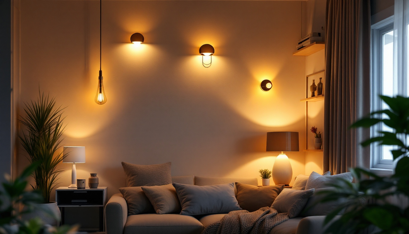 A photograph of capture a photograph of a stylishly designed room illuminated by various led house light fixtures