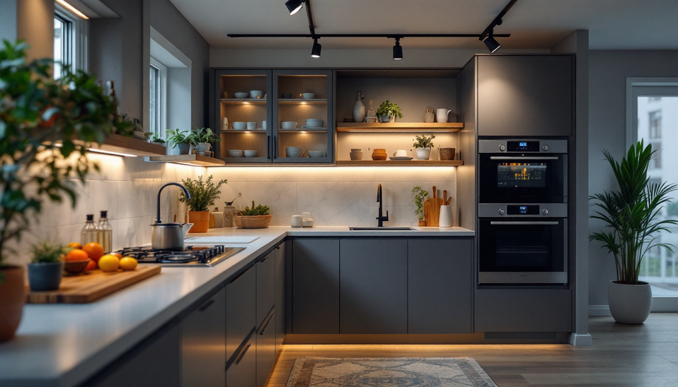 A photograph of capture a photograph of a stylish kitchen featuring modern track lighting