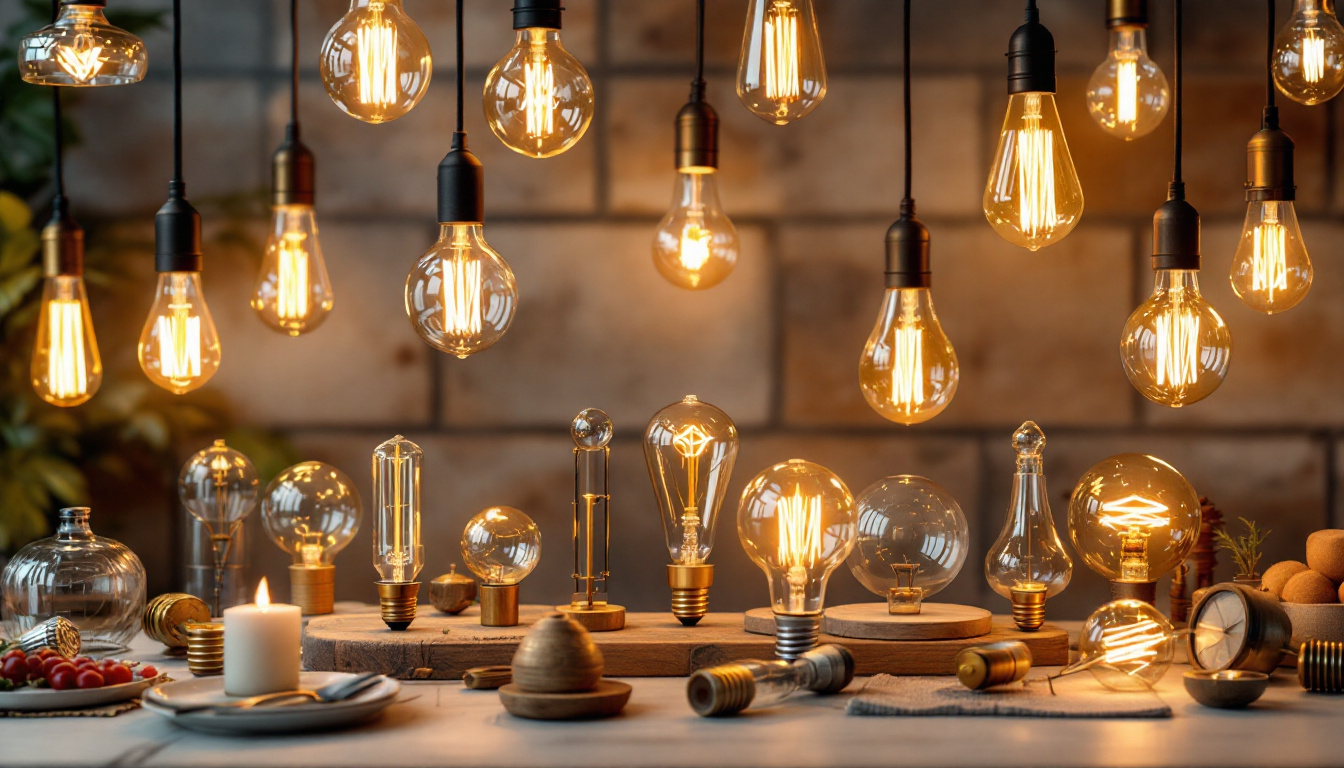 A photograph of a beautifully arranged display of various decorative fixture bulbs in different styles and colors