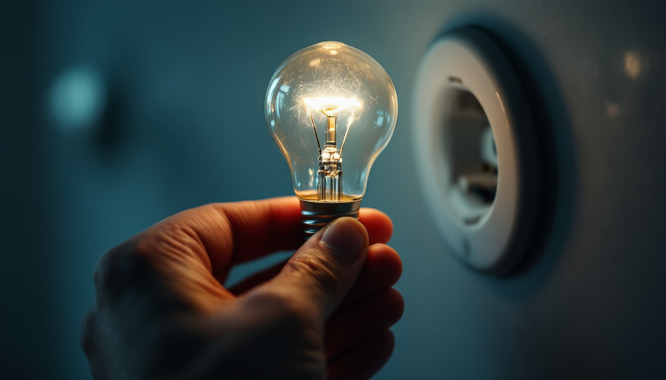 A photograph of a close-up of a hand tightening a light bulb in a socket