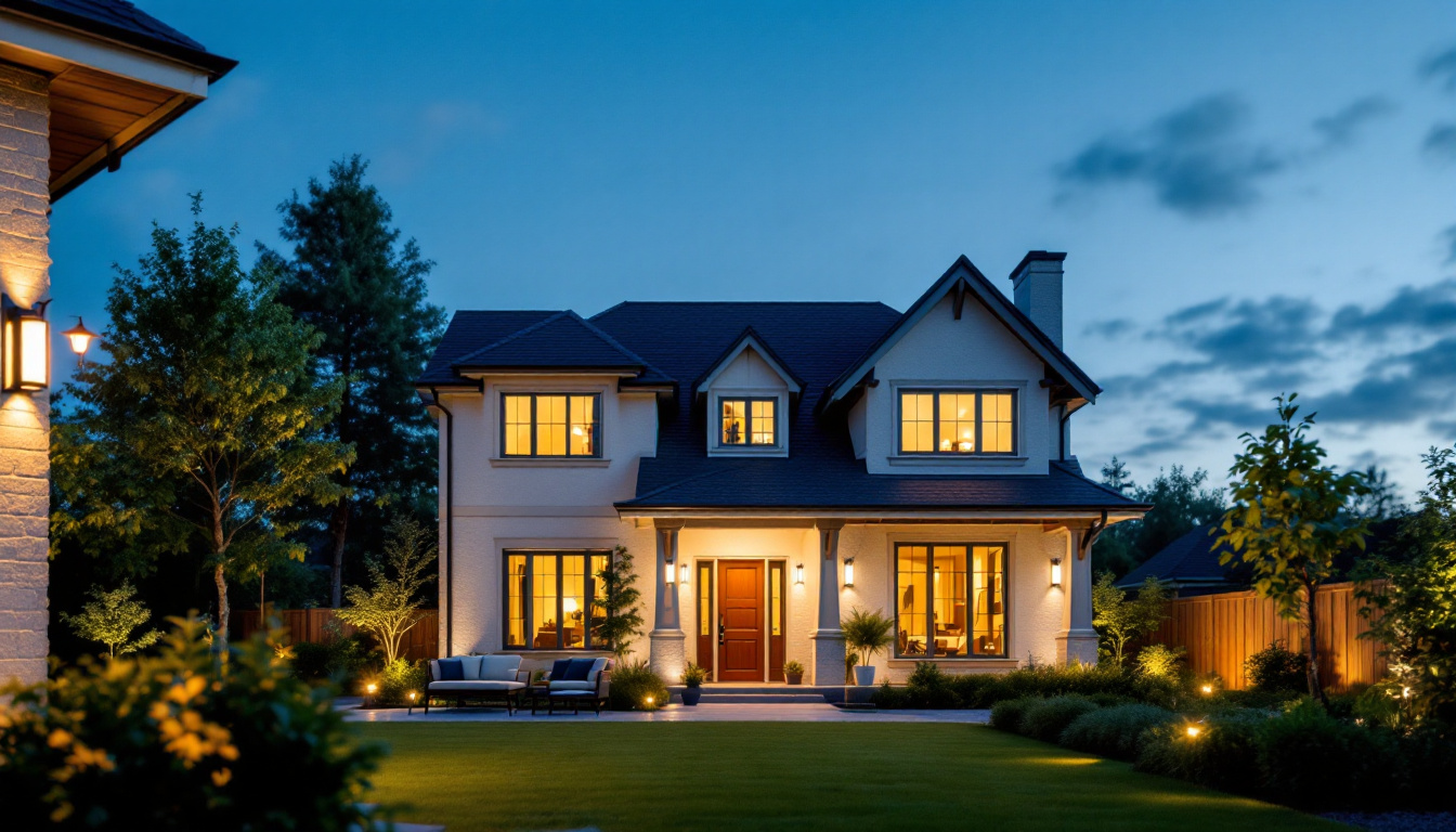 A photograph of a beautifully illuminated outdoor space featuring various styles of house outdoor lights