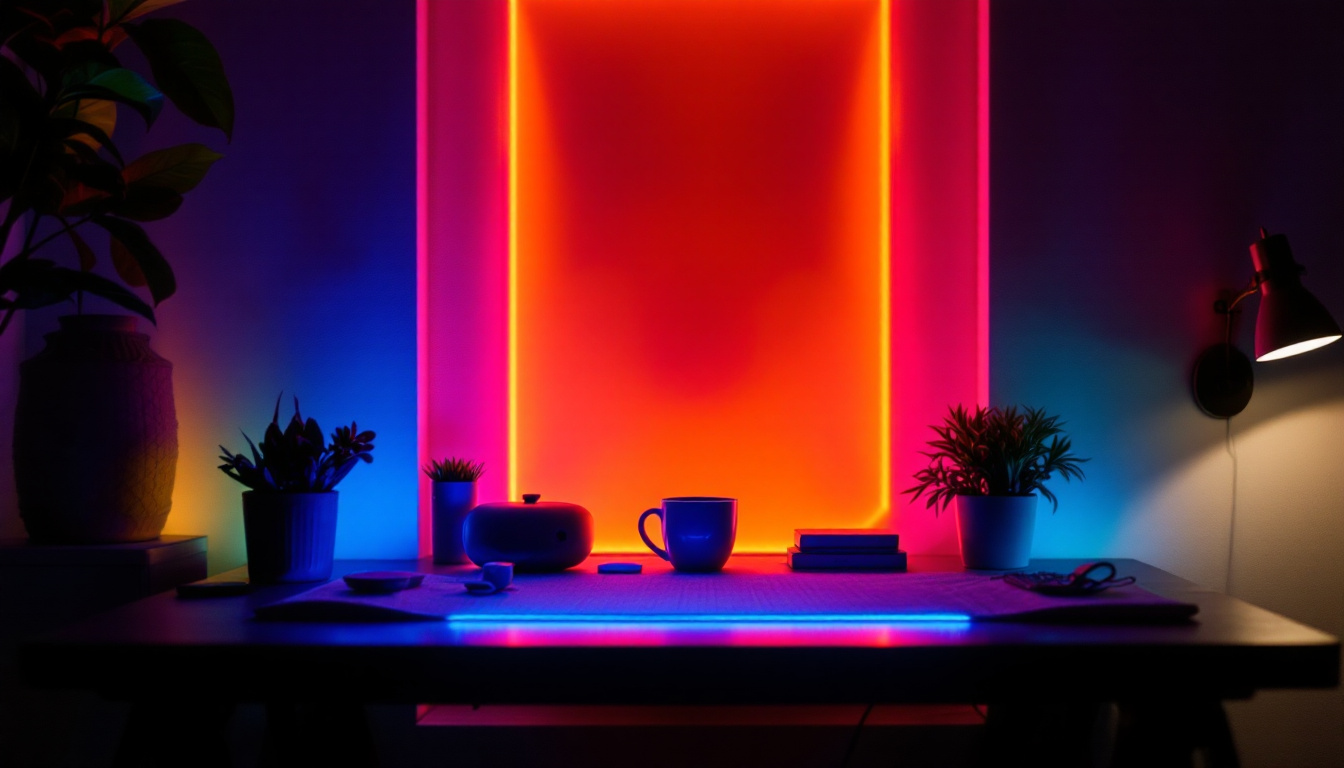 A photograph of a vibrant rgb light setup in a dimly lit environment