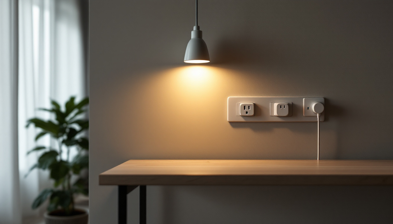 A photograph of a well-lit living space featuring various plug outlets and stylish lighting fixtures
