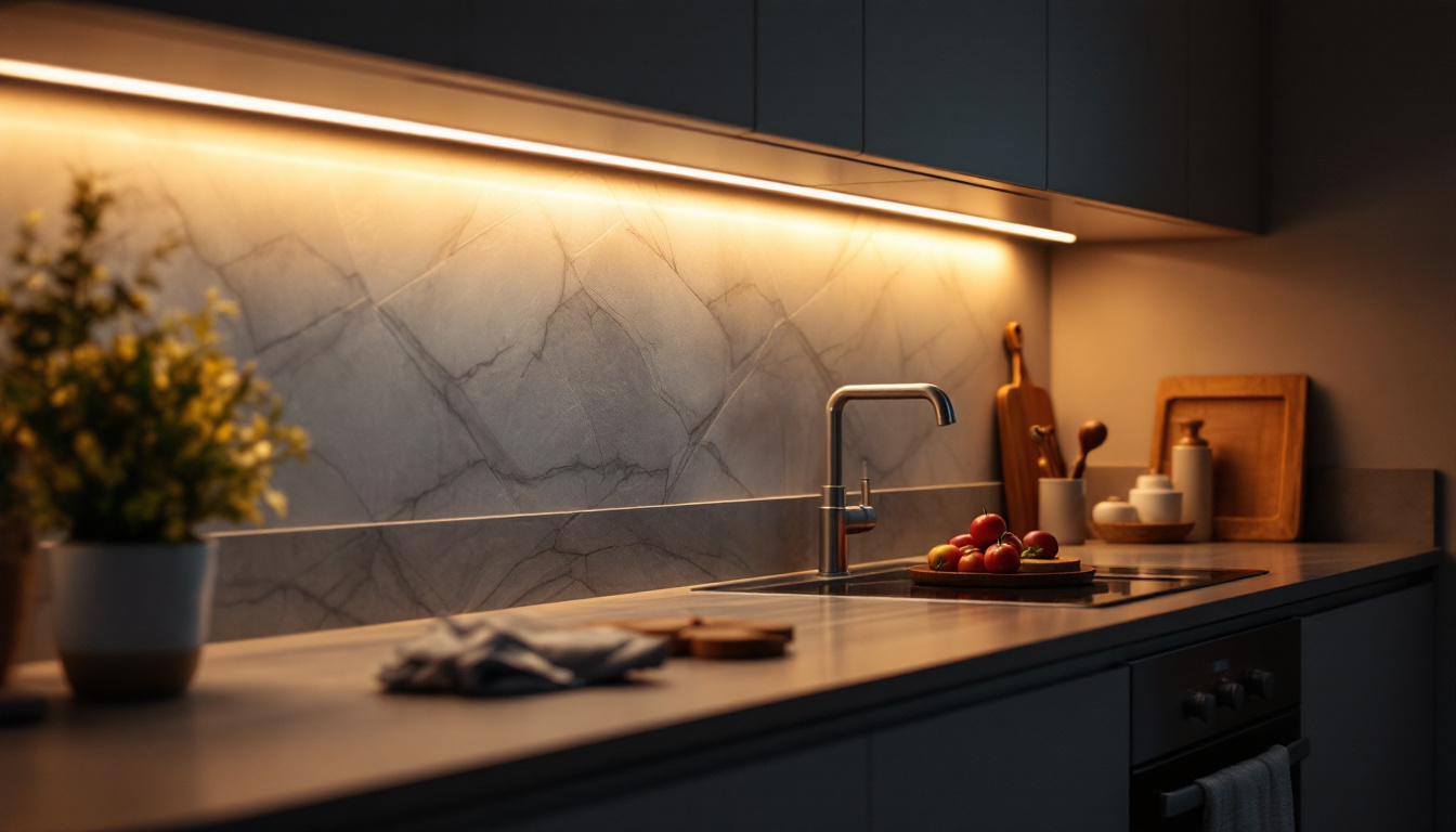 A photograph of a beautifully illuminated kitchen with under-cabinet lighting