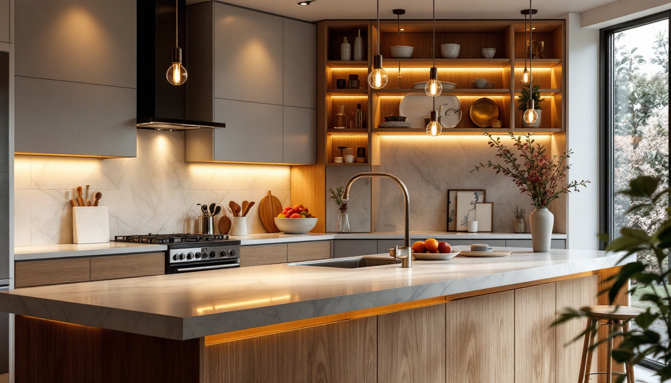 A photograph of a beautifully designed kitchen featuring stylish island lighting