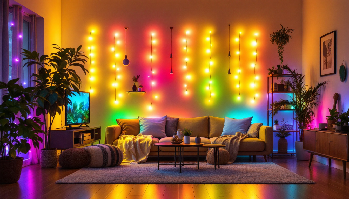 A photograph of a beautifully arranged scene featuring vibrant strip lights in various colors illuminating a cozy living space