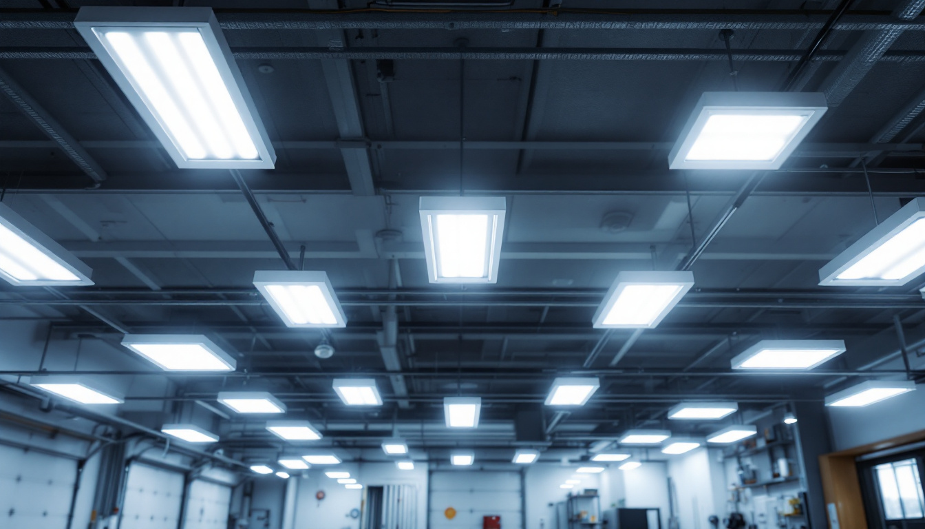 A photograph of a well-lit garage interior showcasing various led ceiling light fixtures in use
