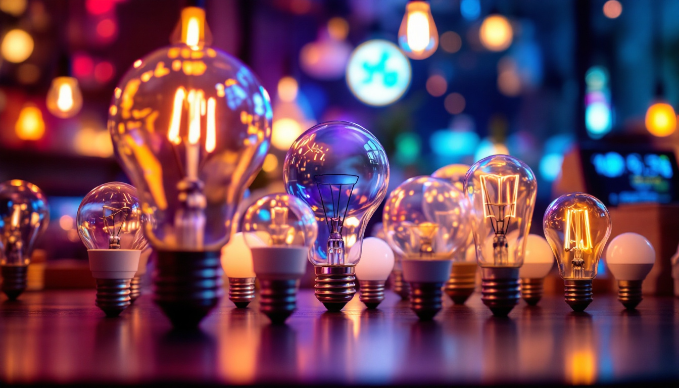 A photograph of a vibrant display of various general electric light bulbs