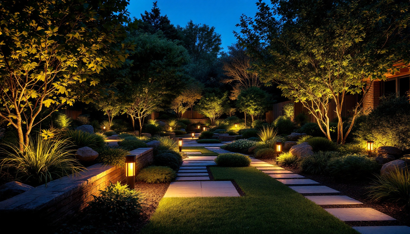 A photograph of a beautifully landscaped outdoor space illuminated by various landscaping light fixtures