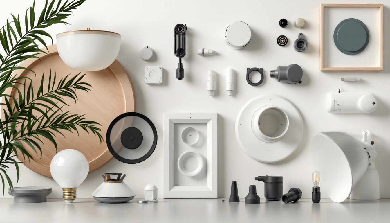 A photograph of a stylishly arranged display of various hunter fan spare parts