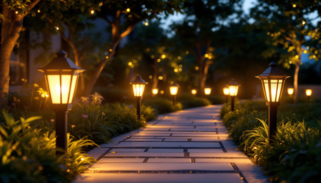 A photograph of a beautifully illuminated outdoor walkway featuring stylish pathway lights