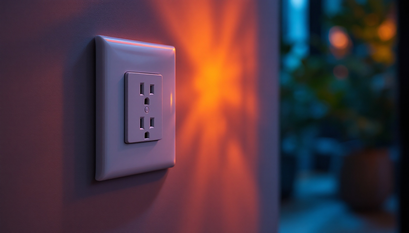 A photograph of a double duplex receptacle installed in a stylishly lit room