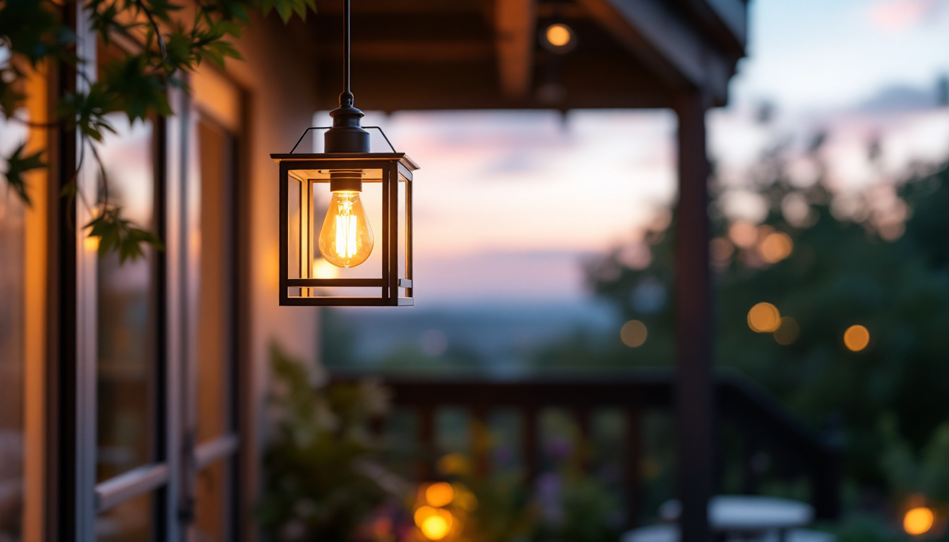 A photograph of a beautifully designed exterior pendant light hanging in an inviting outdoor setting