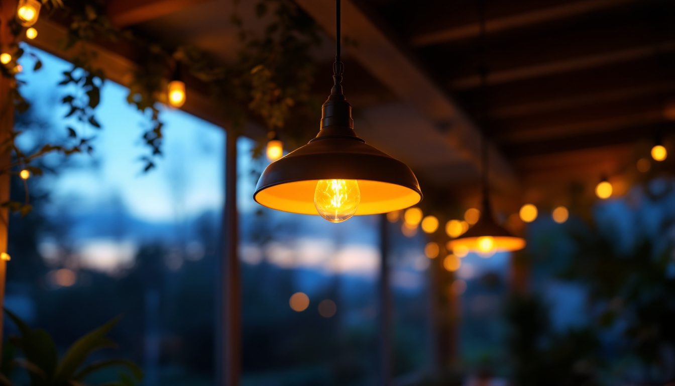 A photograph of a beautifully designed outdoor ceiling light fixture illuminating a cozy patio or porch setting during twilight