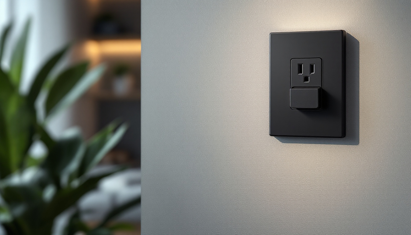A photograph of a sleek black electrical outlet installed on a stylish wall