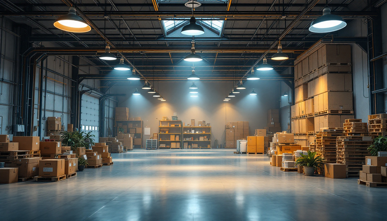 A photograph of a well-lit warehouse interior showcasing various lighting fixtures in use