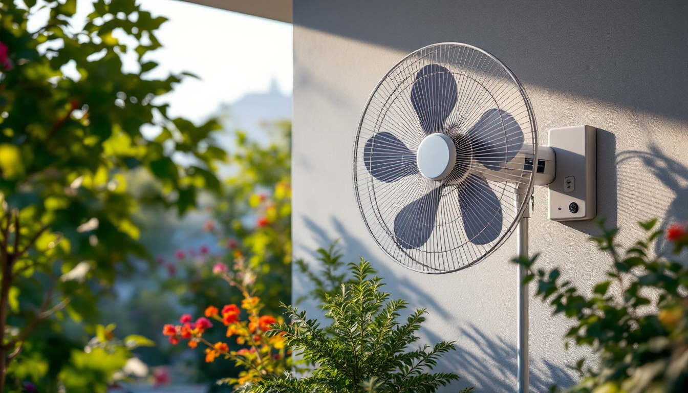 A photograph of capture a photograph of a stylish solar-powered exterior fan installed in a vibrant outdoor setting