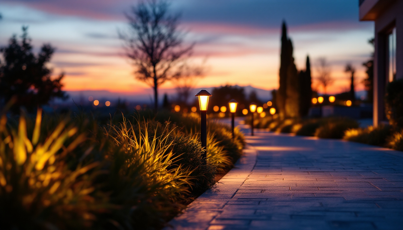 A photograph of a beautifully illuminated walkway at dusk