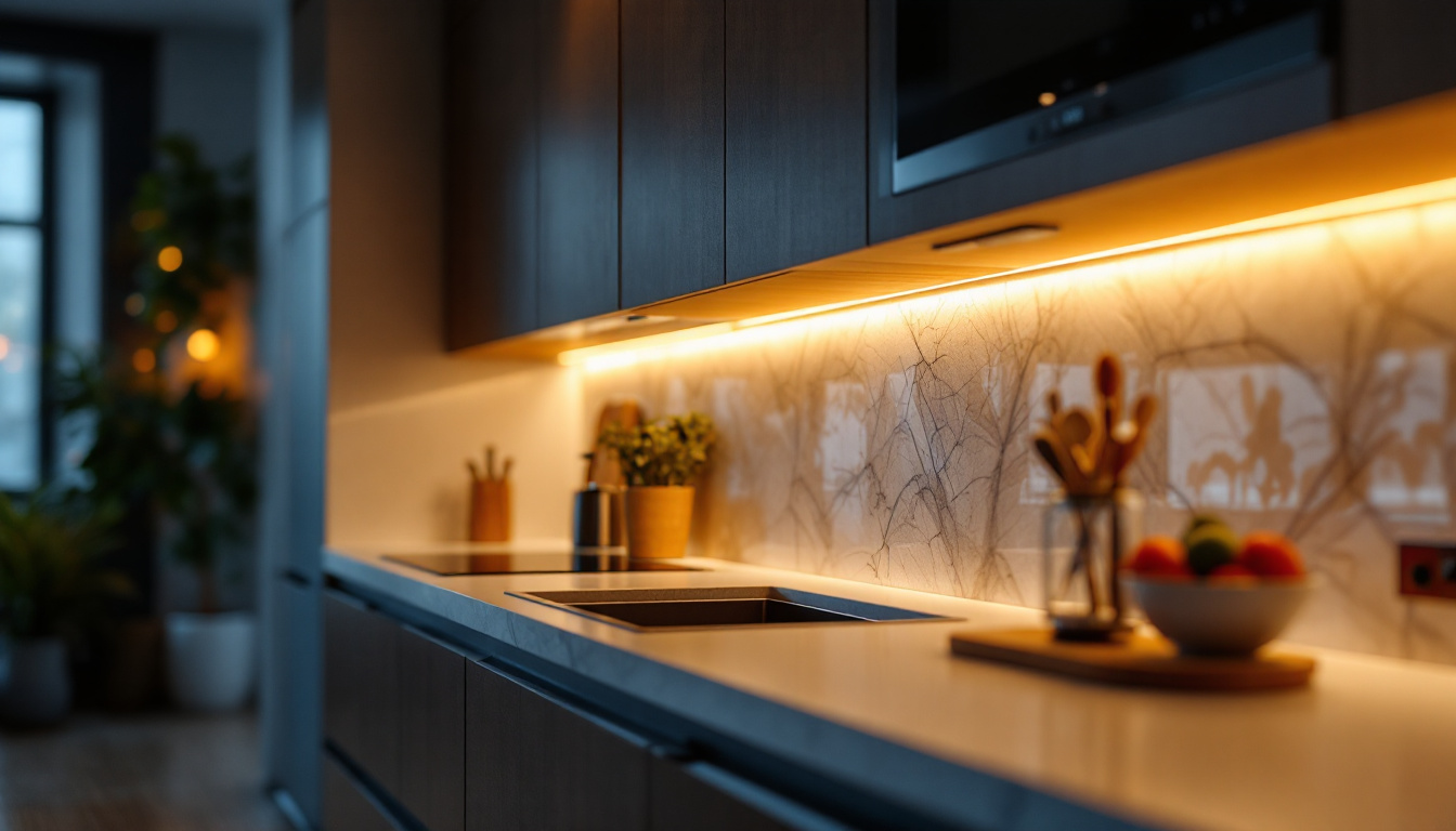 A photograph of a modern kitchen showcasing under-cabinet led lights illuminating the countertop