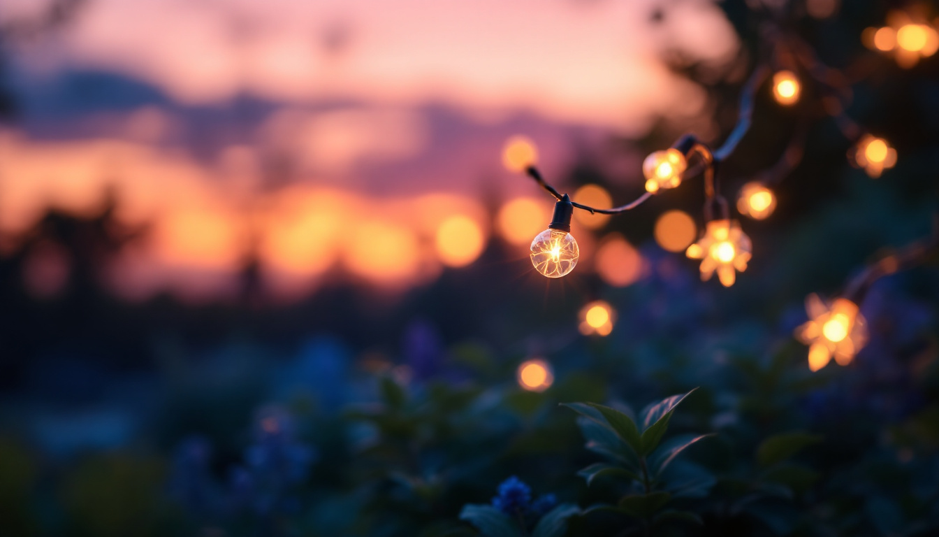 A photograph of a beautifully illuminated outdoor setting featuring a string or rope of solar led lights powered by 18650 batteries