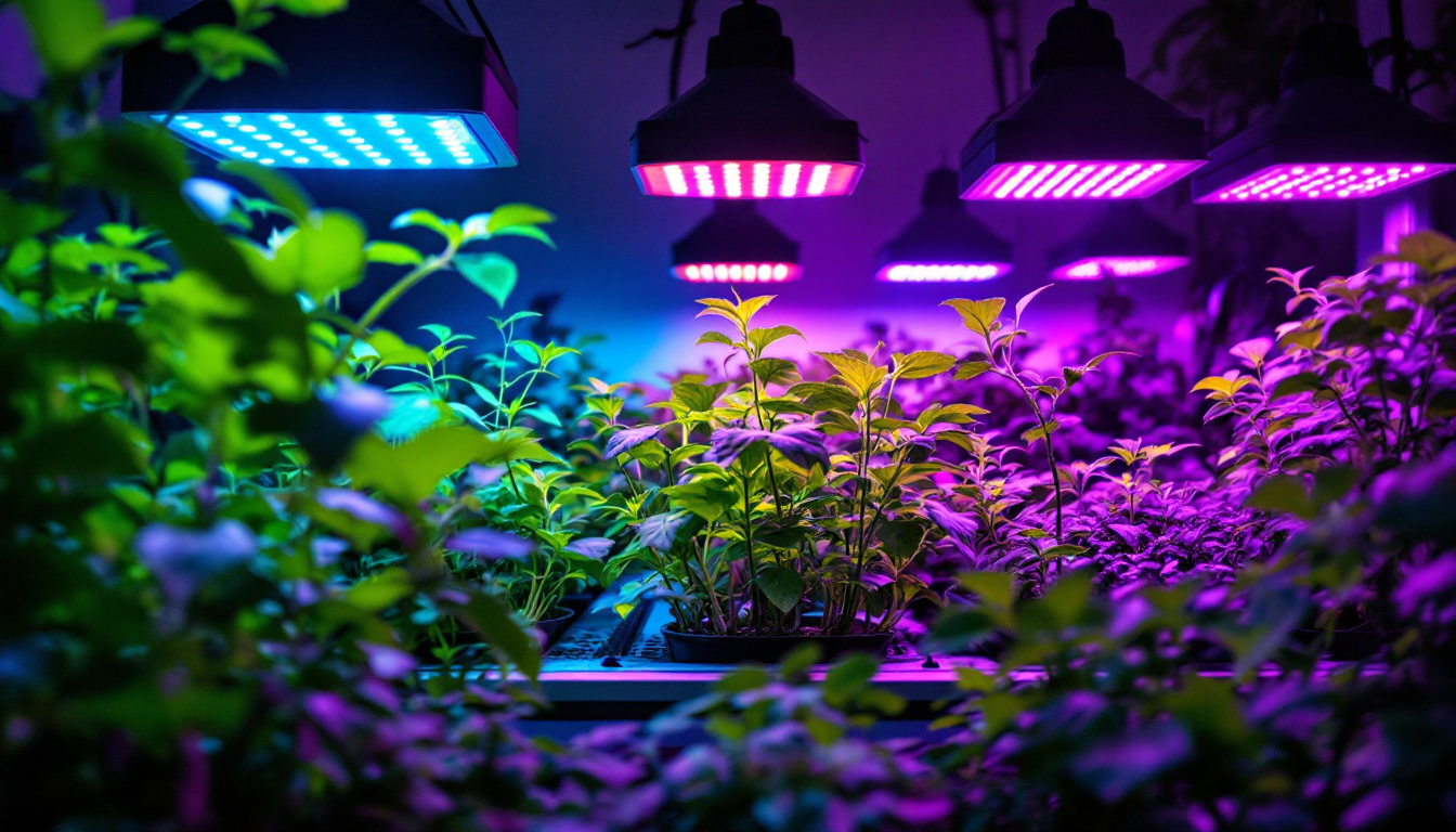 A photograph of a vibrant indoor garden illuminated by a variety of led grow lights