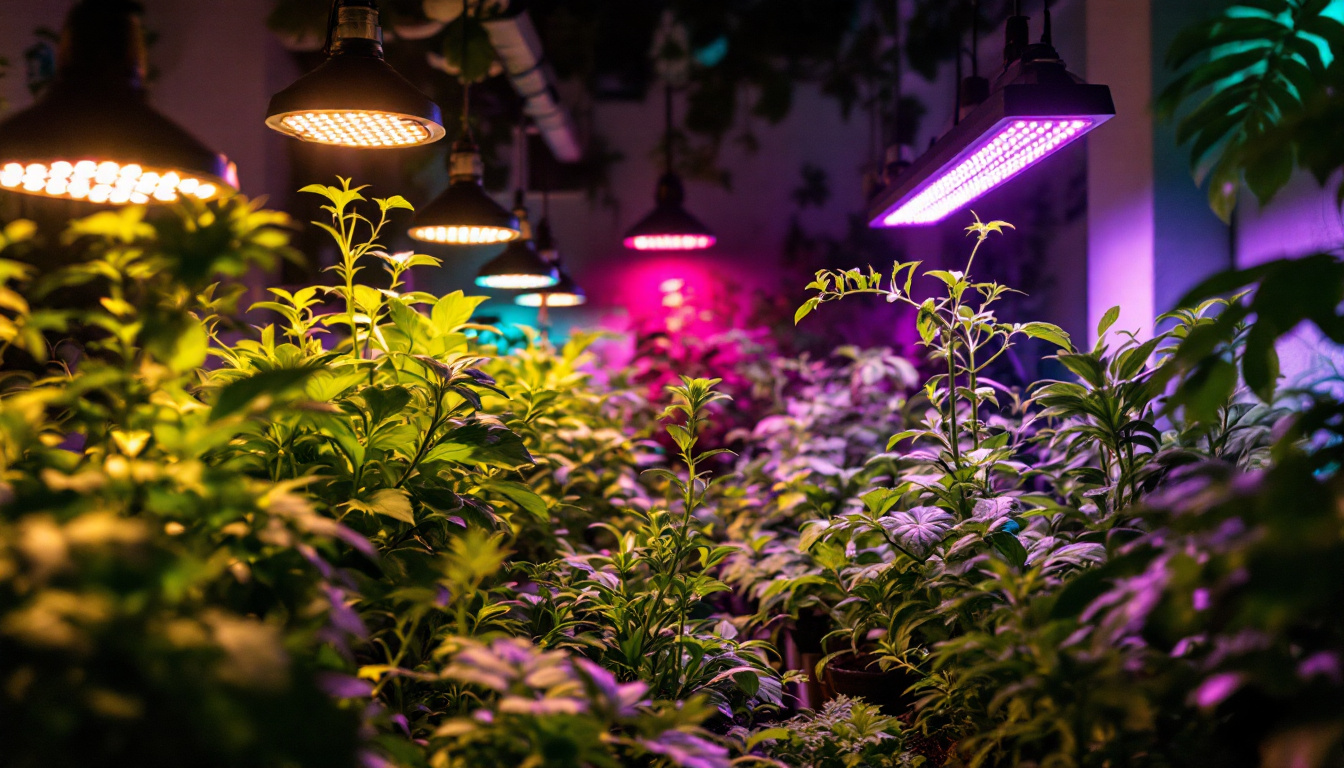 A photograph of a vibrant indoor garden illuminated by various led grow lights